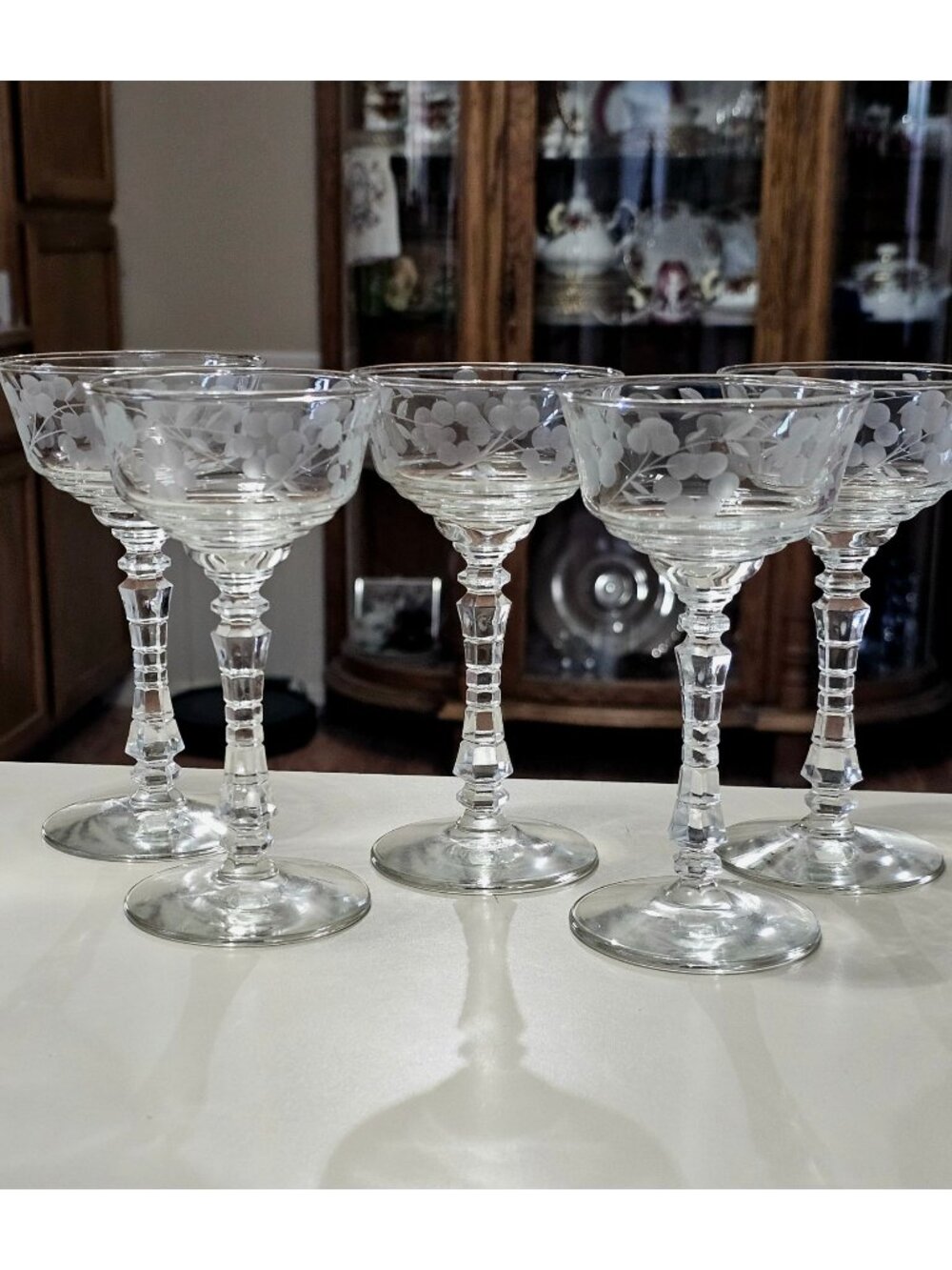 5 Deco Flower Cocktail Coupe Glasses 5.75" Rock Sharpe glasses etched floral rom